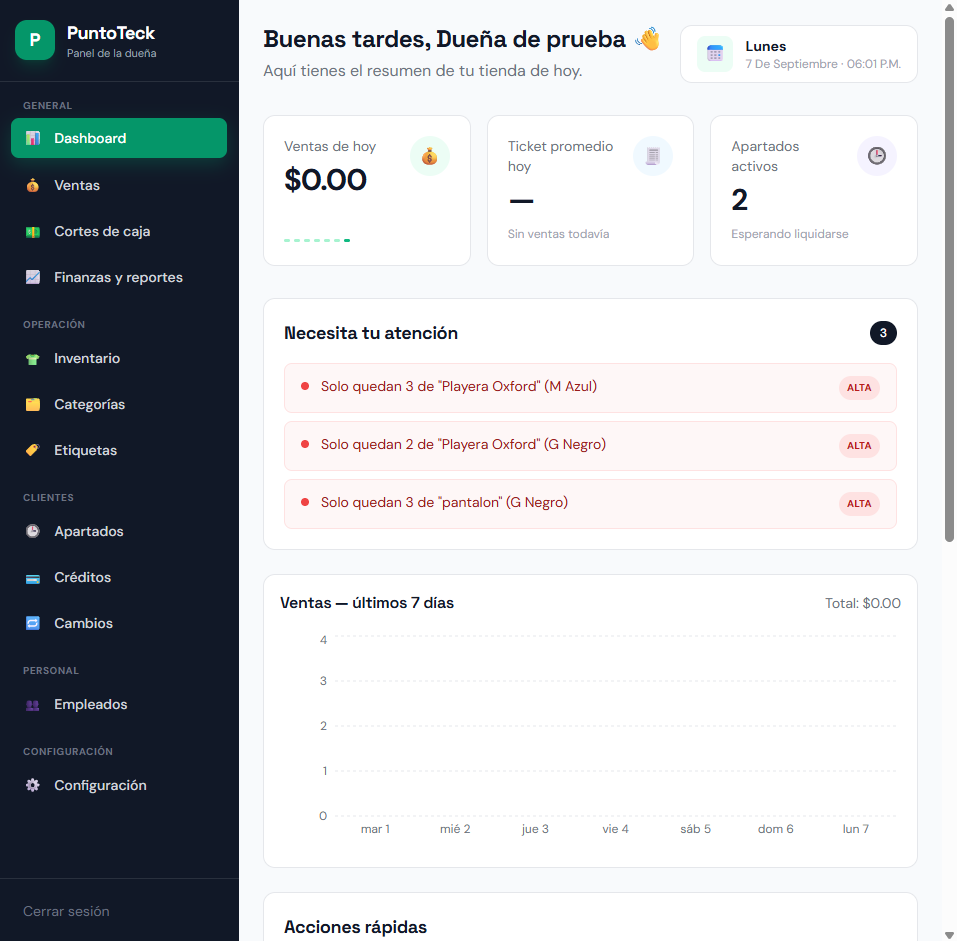 Panel principal (dashboard) de PuntoTeck