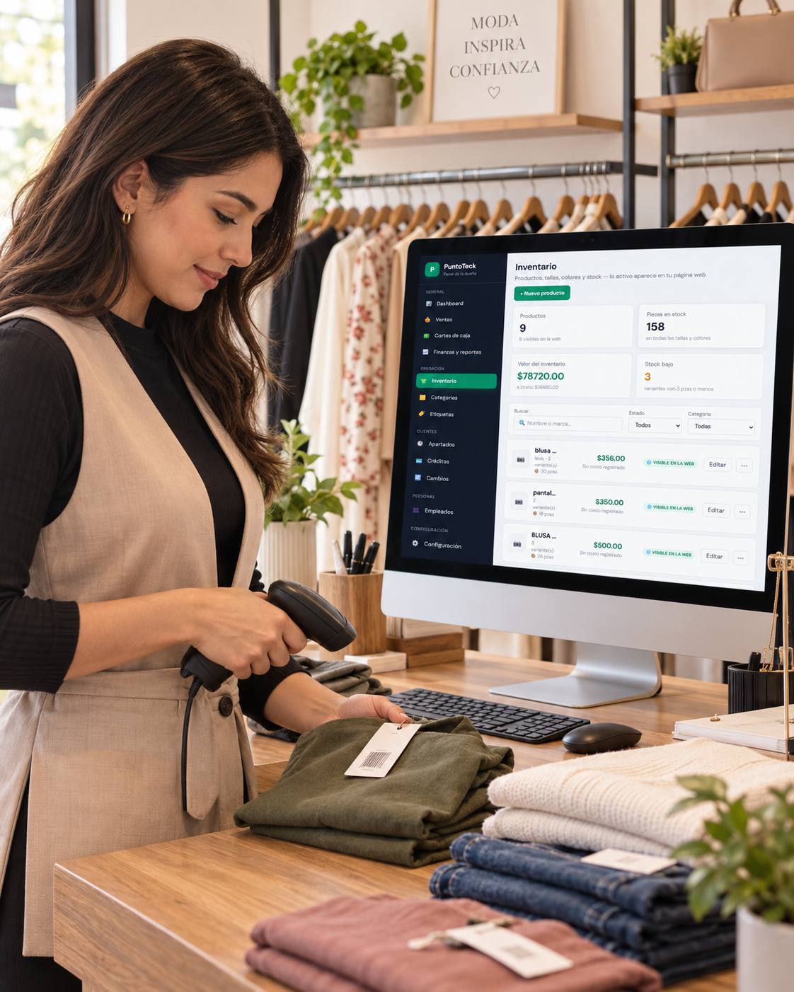 Empleada escaneando el código de una prenda mientras se actualiza el inventario en pantalla